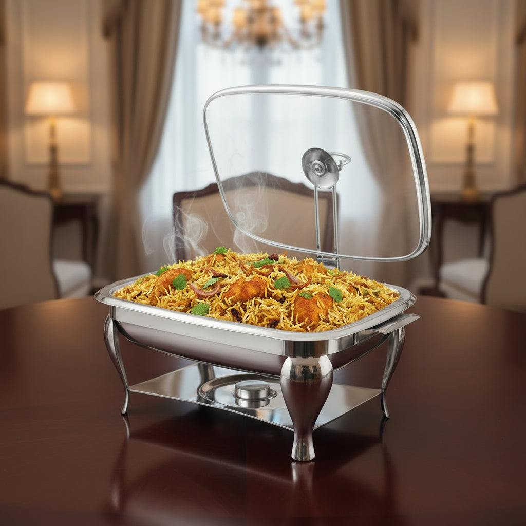 Single Bowl Rectangular Chafing Dish with Lift-Up Glass Lid | Stainless Steel Buffet Rice & Biryani Food Warmer | Price in Pakistan