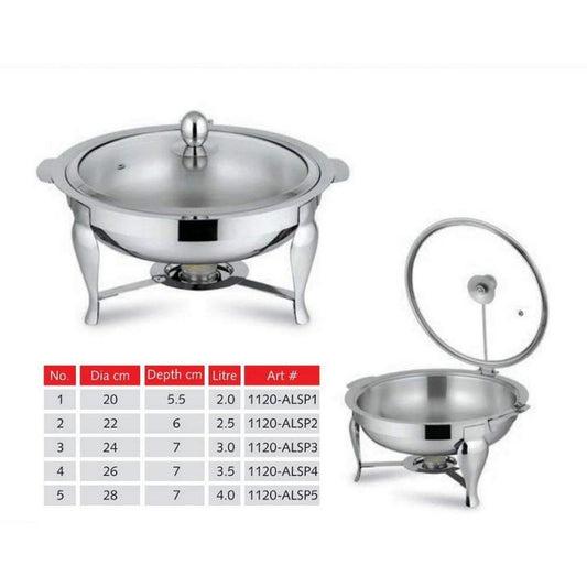 Single Bowl Round Chafing Dish with Glass Lid, 20cm to 28cm | Stainless Steel Buffet Food Warmer | Price in Pakistan