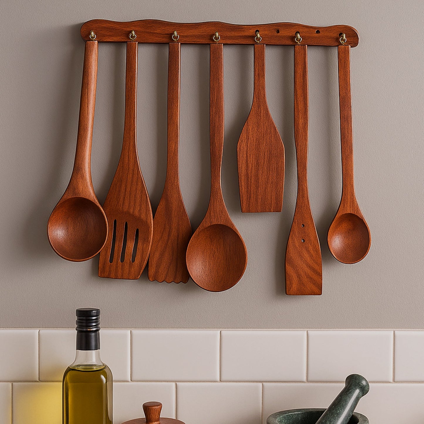 Wooden hanging cooking spoon set