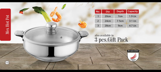 Stainless Steel Hotpot Lockable Glass Lid 3 single sizes