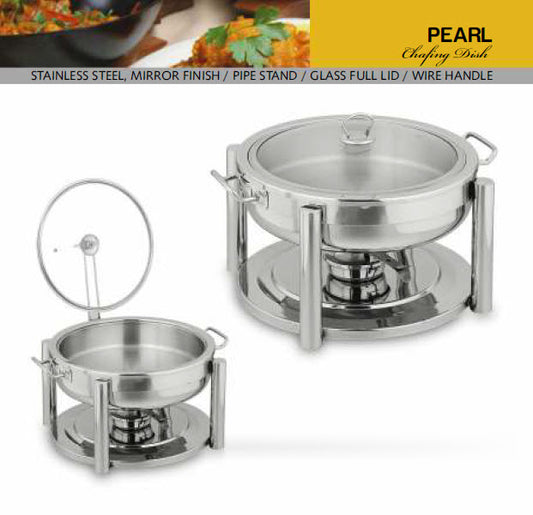 Heavy Stainless Steel PEARL Chafing Dish buffet dish with burner and glass lid
