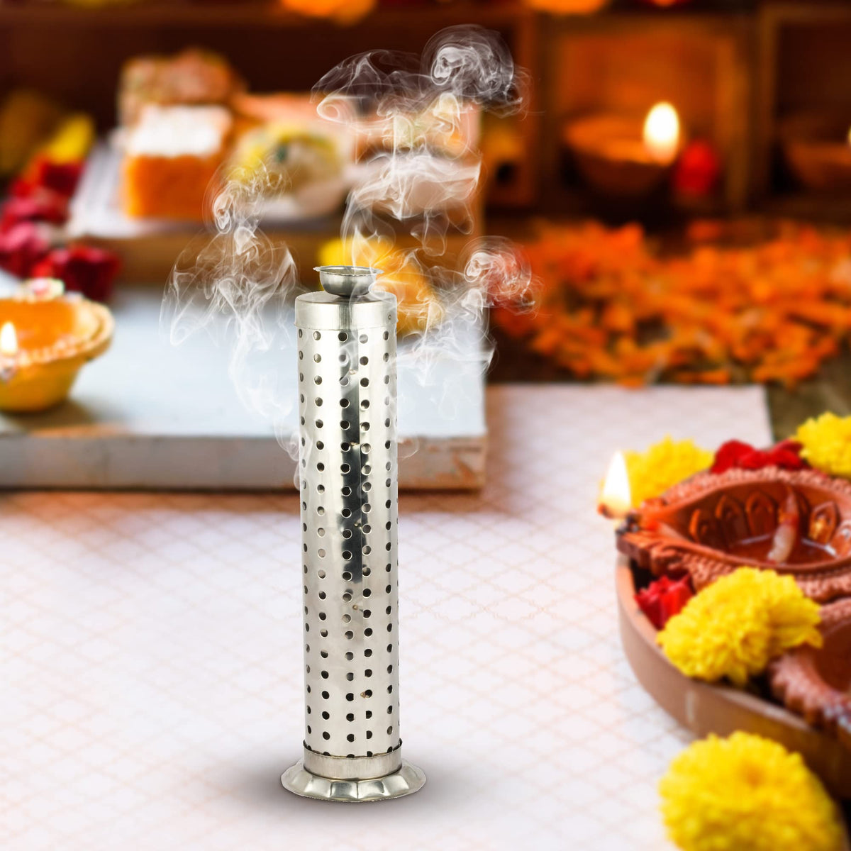 Stainless steel agarbatti stand tower with rising smoke