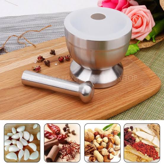 "Stainless steel mortar and pestle set with lid"