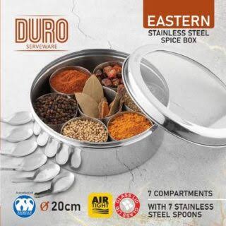 "Stainless steel spice box 7 compartments with spoons 20cm 25cm"