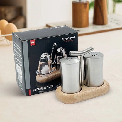 Set of 2 - Salt & Pepper Shakers with Wooden Base