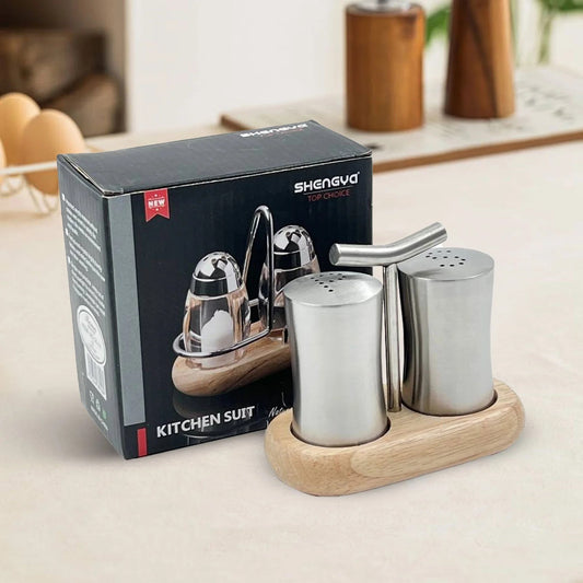Set of 2 - Salt & Pepper Shakers with Wooden Base
