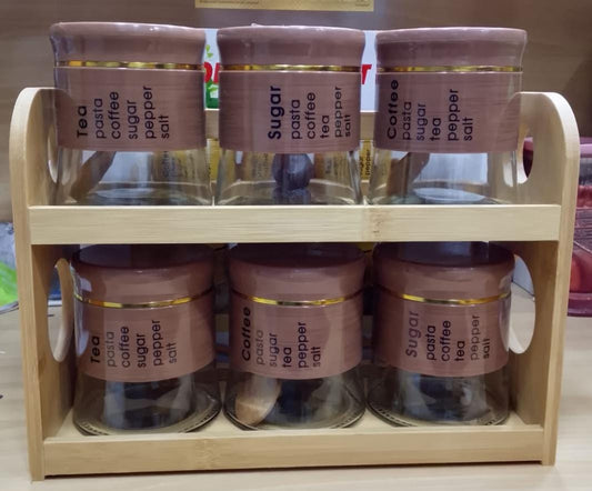 6-Piece Glass Storage Jar Set with Wooden Stand