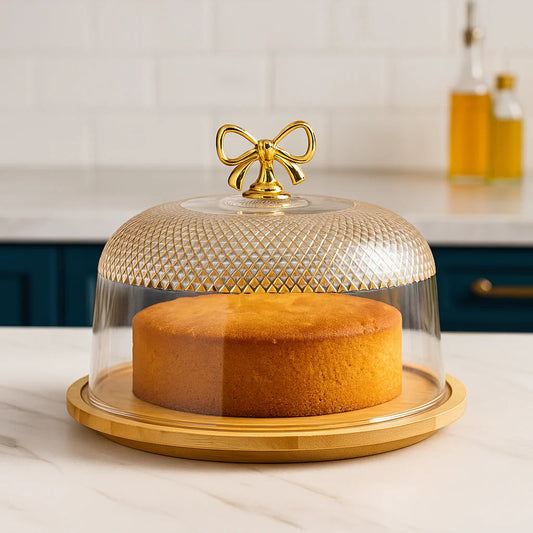 Cake Dish with Acrylic Cover – Bamboo Wooden Base