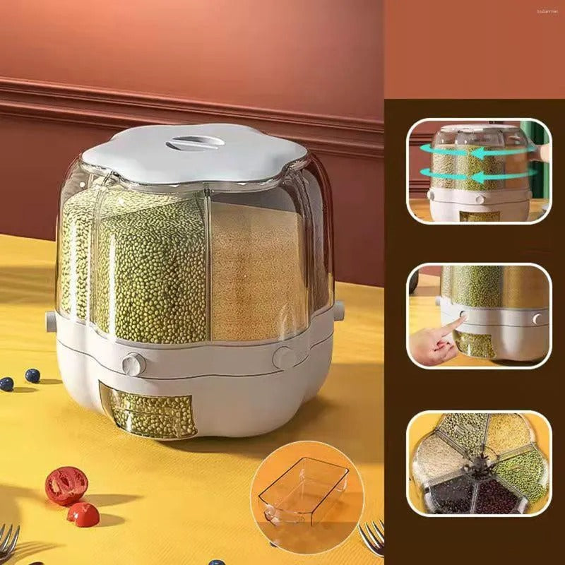 360° Rotatable 6 Grid Round Cereal Dispenser 10KG