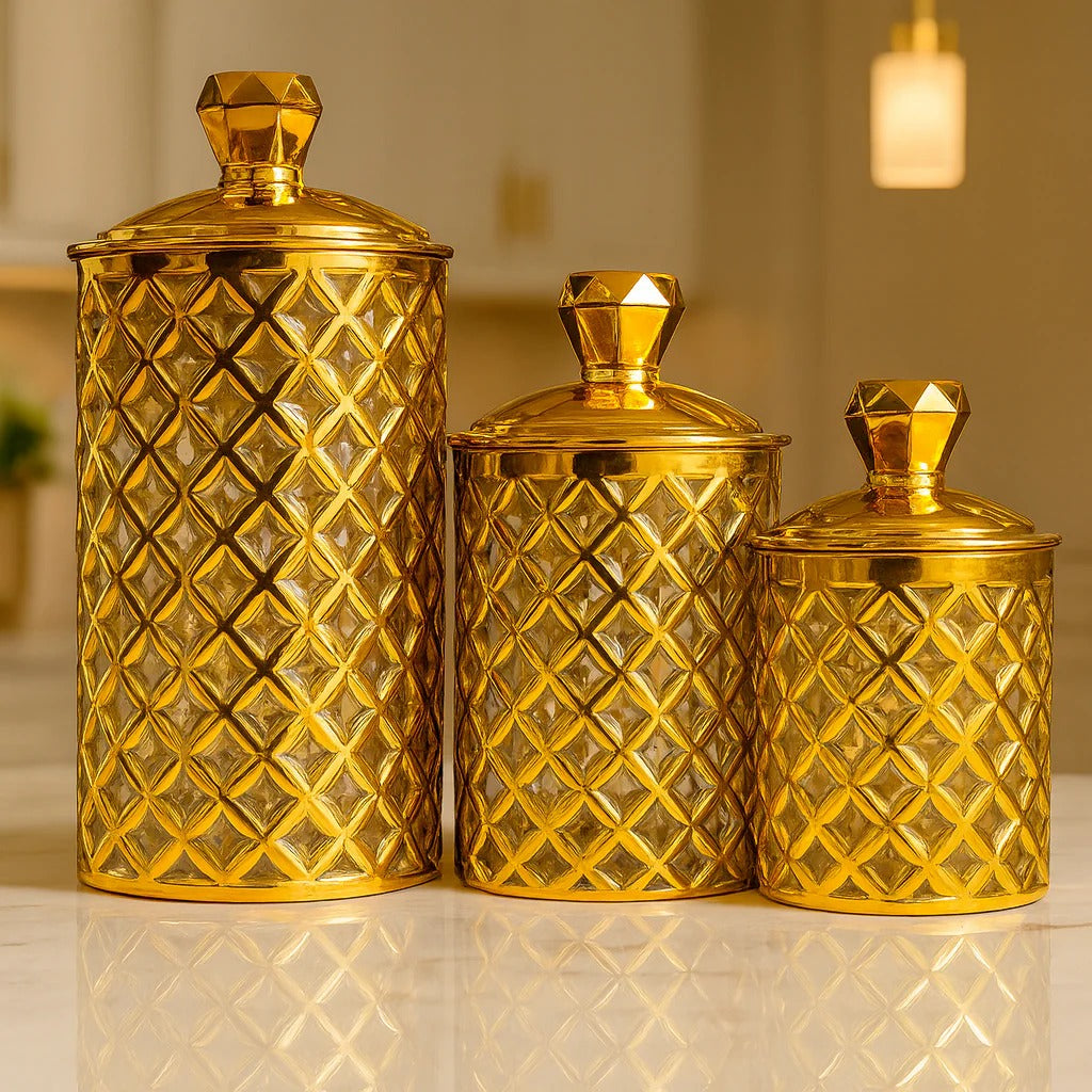 Arabian Style Glass Storage Jar – Golden Lid Food Container (3 pcs set)
