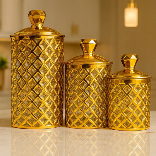 Arabian Style Glass Storage Jar – Golden Lid Food Container (3 pcs set)