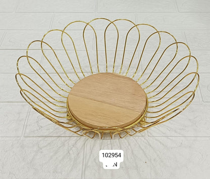 Luxurious Golden Wire Round Fruit Basket With Wooden Base