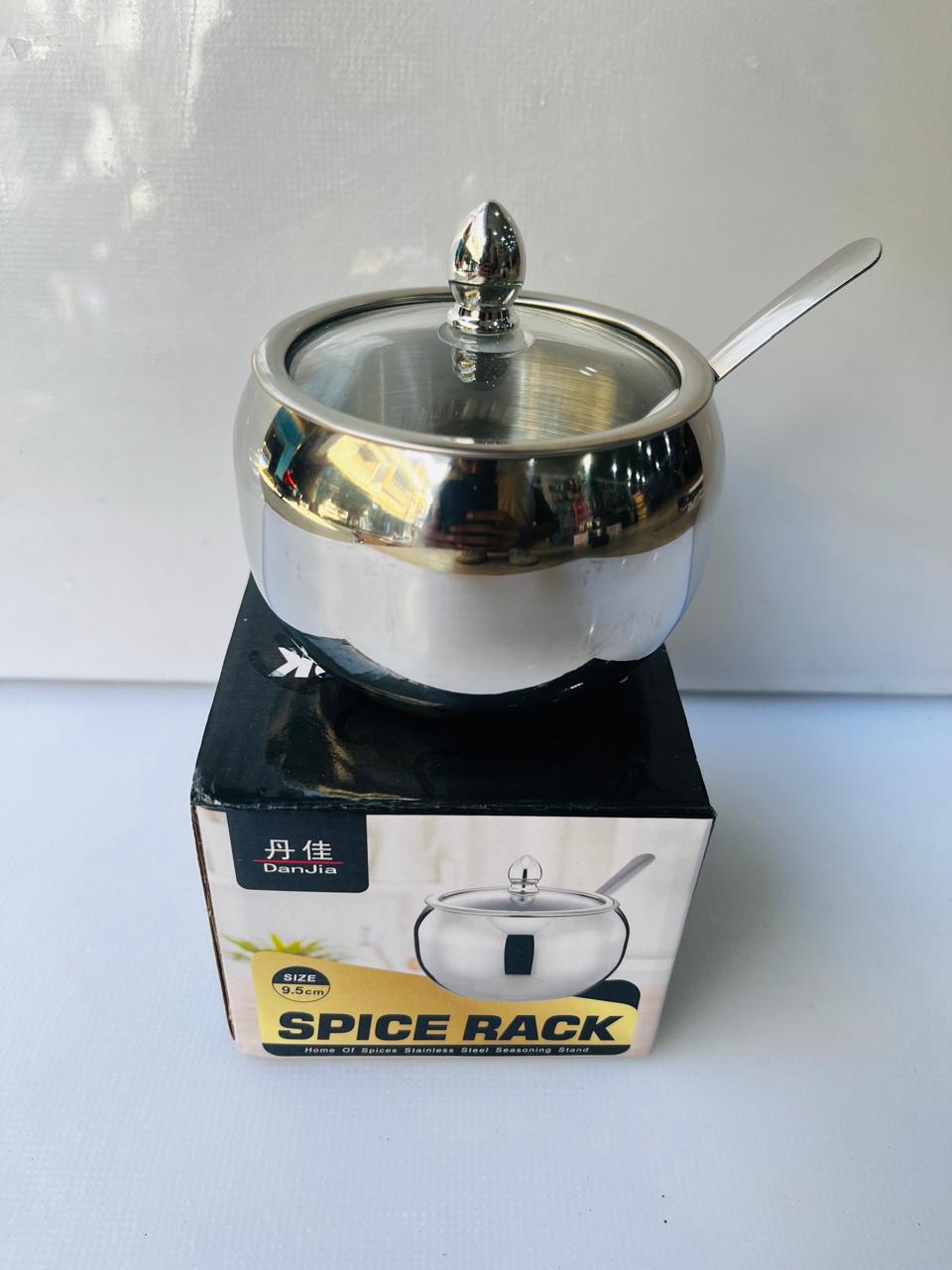 Stainless steel seasoning soup sauce pot and spice ghee pot with spoon with glass lid