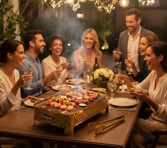 Stainless steel golden barbeque serving grill with tong