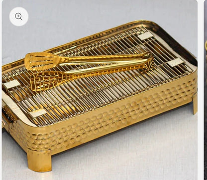 Stainless steel golden barbeque serving grill with tong