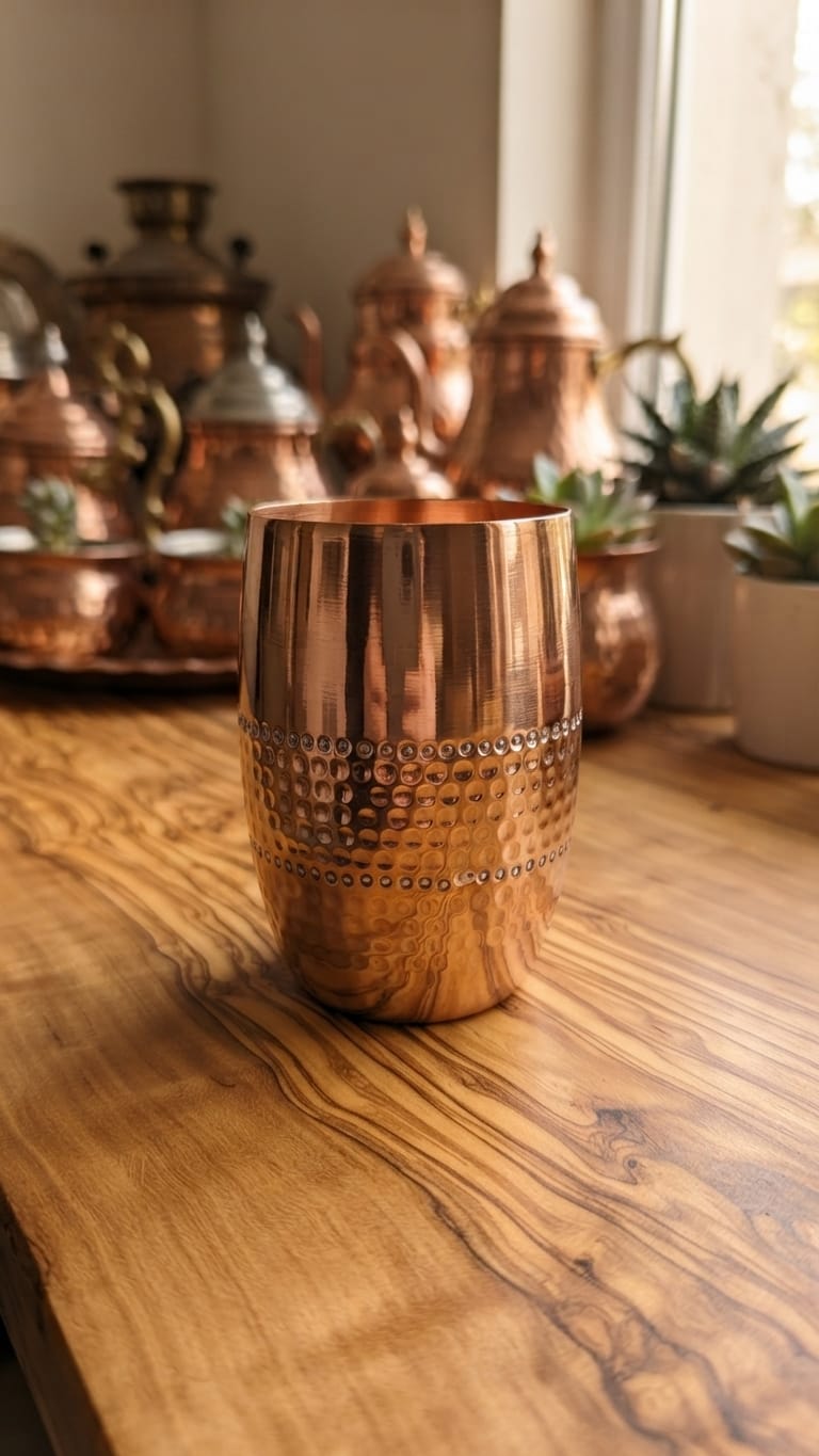 pure copper   half-hammered textured band around the center. glass
