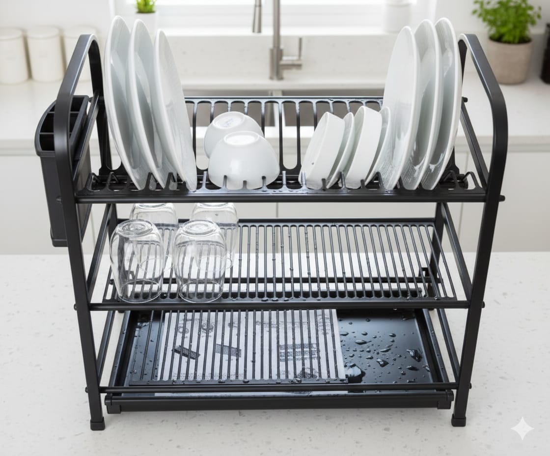 3 layer black stainless steel dish rack.with glass stand & spoon stand non magnet.