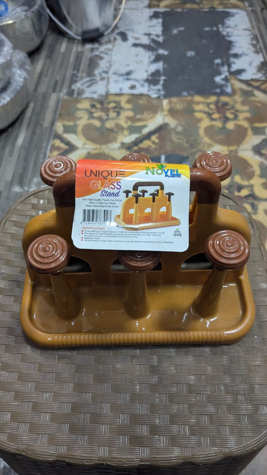 This brown plastic rack is a Unique Glass Stand designed to hold six glasses or cups.