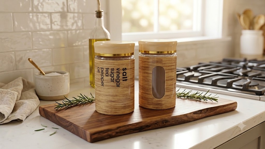 canister set features a bamboo-effect plastic coating and a gold lid. 2pcs set