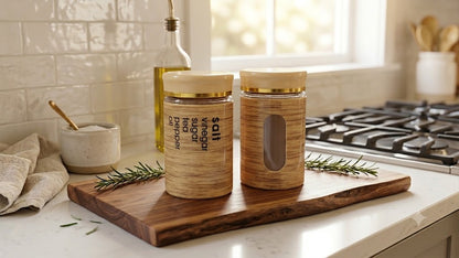 canister set features a bamboo-effect plastic coating and a gold lid. 2pcs set