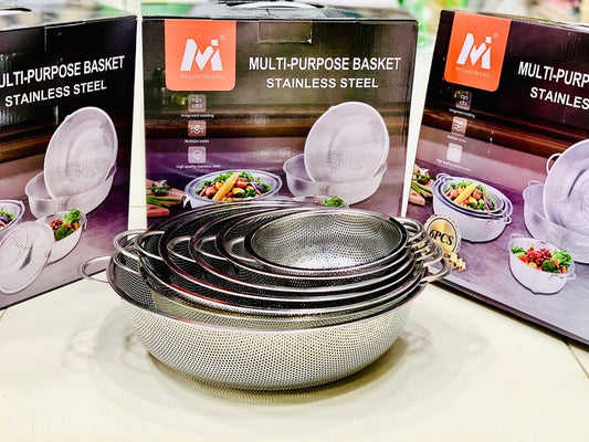 Set Of 6 Stainless Steel Strainer Colander Set with Handle, Fruit Vegetable Washing Basket