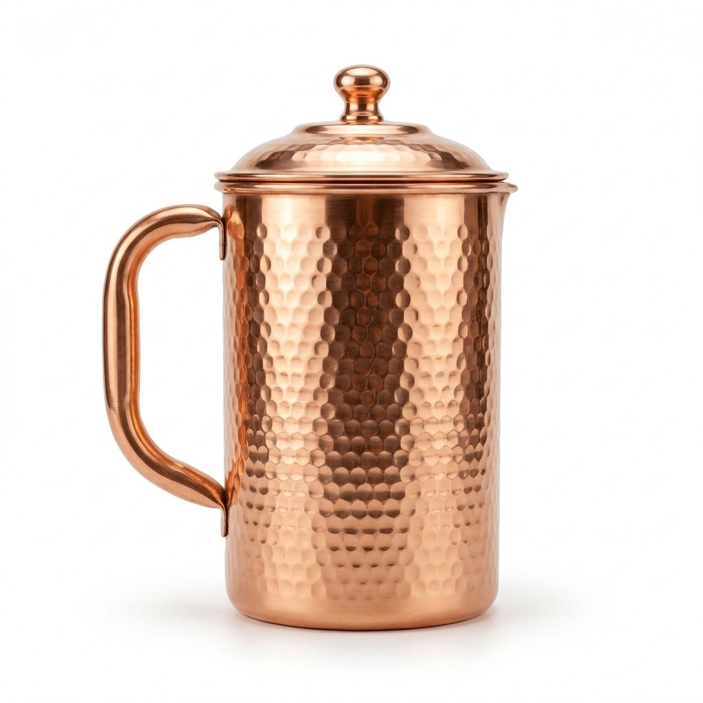 hammered pure copper water jug with a matching lid and side handle. 2L