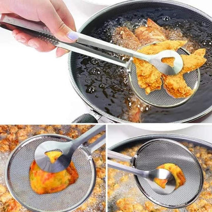 filter spoon with a tong clip to safely pick up and drain fried foods.