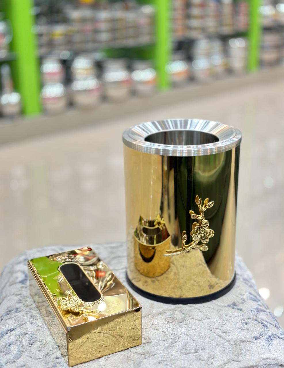Stainless Steel Fancy flower golden dustbin and tissue box set