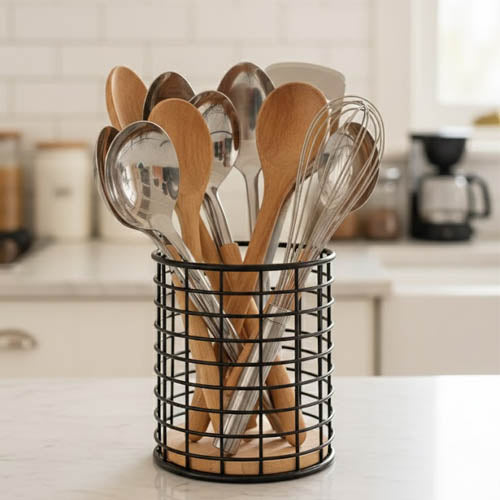 Hshome.pk spoon holder cutlery stand with wooden base smart gadgets organizer distributor importer wholesaler gadgets Karachi Pakistan Islamabad Lahore Punjab mega sale discount offer daraz.pk idealancy homazing amazing gadgets cleaning products kitchen organizers space saver serveware stainless steel healthy