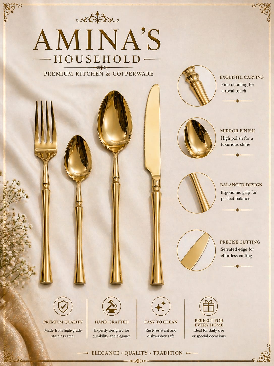 24 pcs cutlery set gold non megnet premium quality.