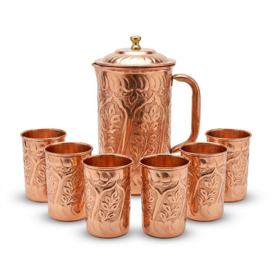 Engraved pure copper water jug with brass knob and 6 glasses set – Pakistan