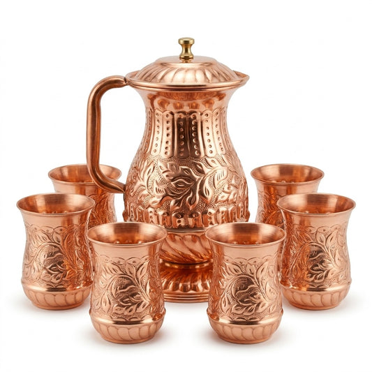 Engraved pure copper water jug with brass knob and 6 glasses set – Pakistan