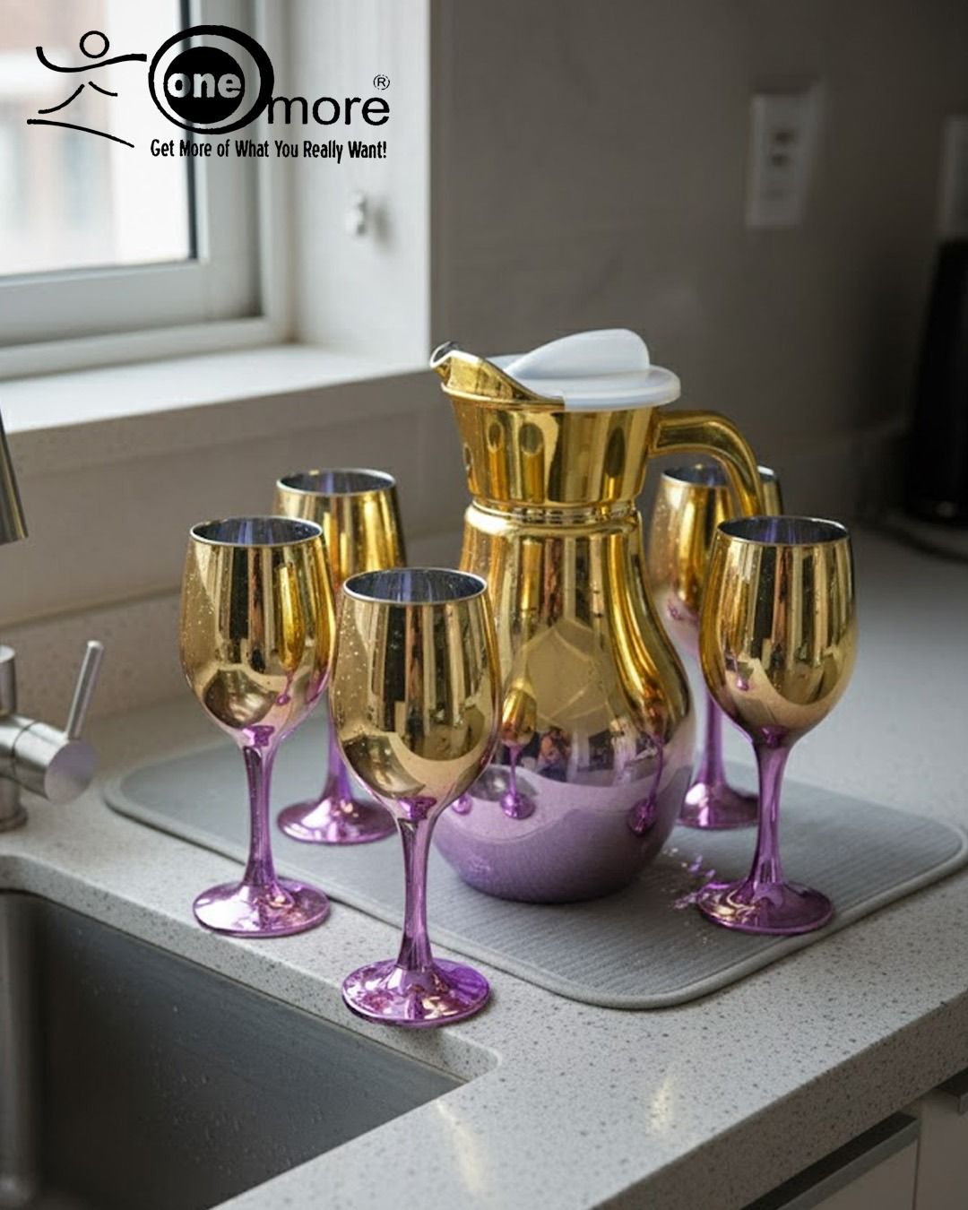 7-piece OneMore Crockery water set features a metallic gold pitcher with a purple