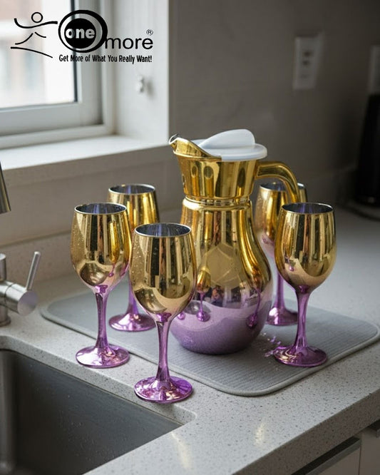 7-piece OneMore Crockery water set features a metallic gold pitcher with a purple