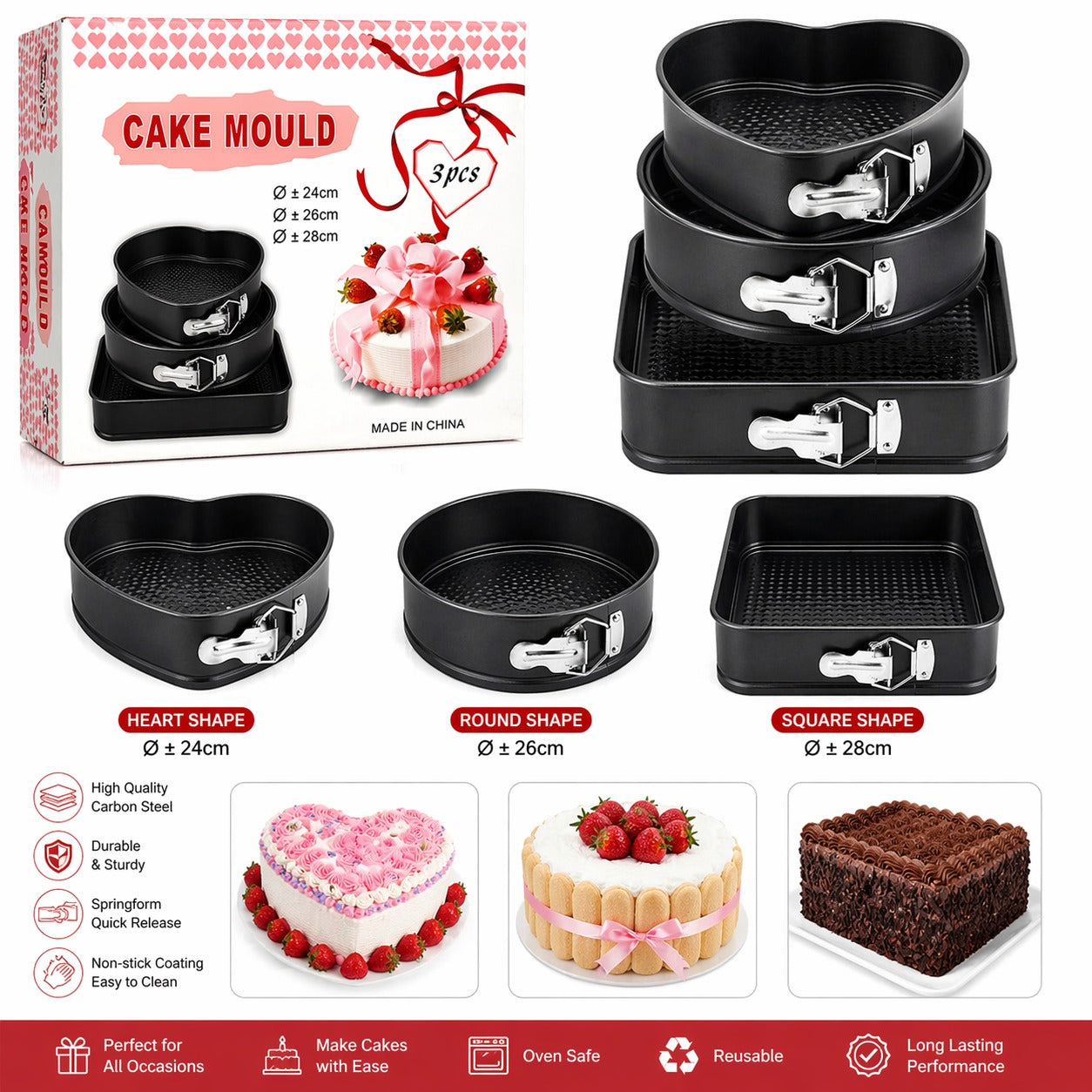 3-piece non-stick springform cake pan set  heart ,round, and square shapes.