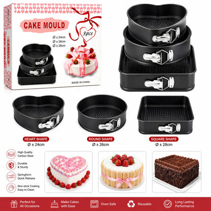 3-piece non-stick springform cake pan set  heart ,round, and square shapes.