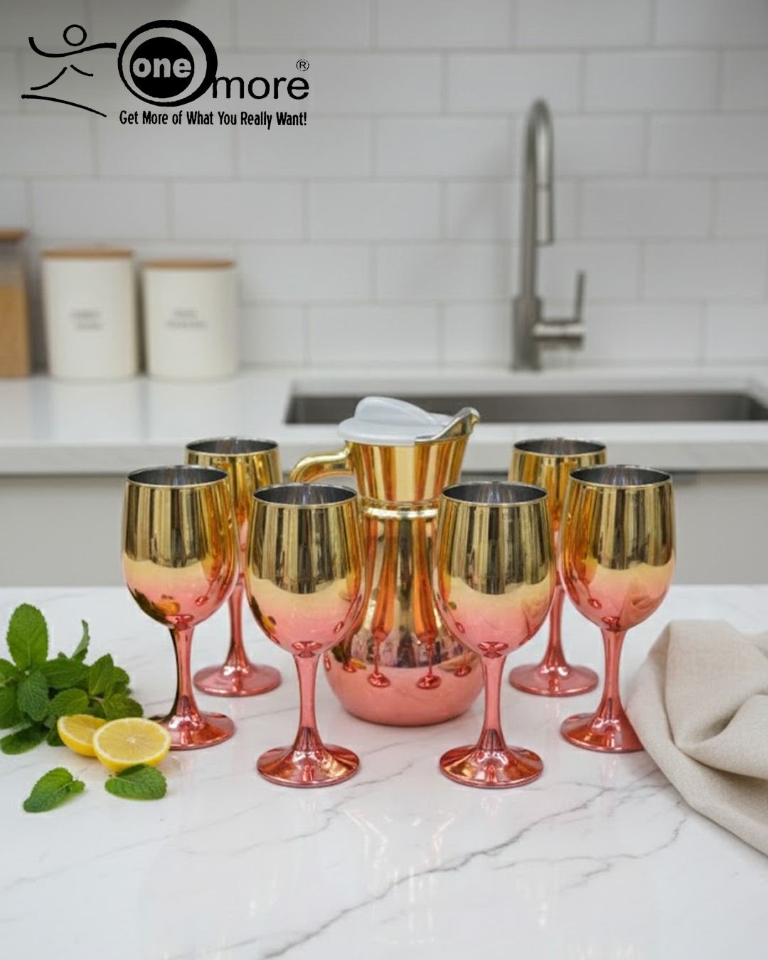 This Gold & Color Accent Water Pitcher & Goblet Set features a luxurious metallic finish with a vibrant color base.