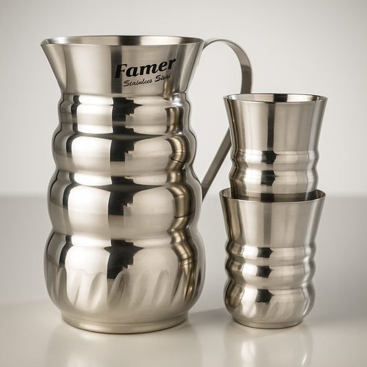 7 Pcs heavy unique Stainless Steel Water Set 6 glass 1 jug