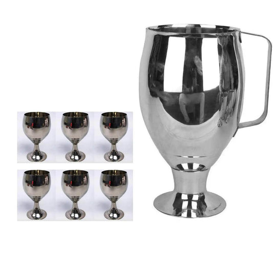 7 Pcs Stainless Steel Vine / Goblet Style Water Set, 6 Glass(300ml) And 1 Jug(1500ml) WIth Stand Base