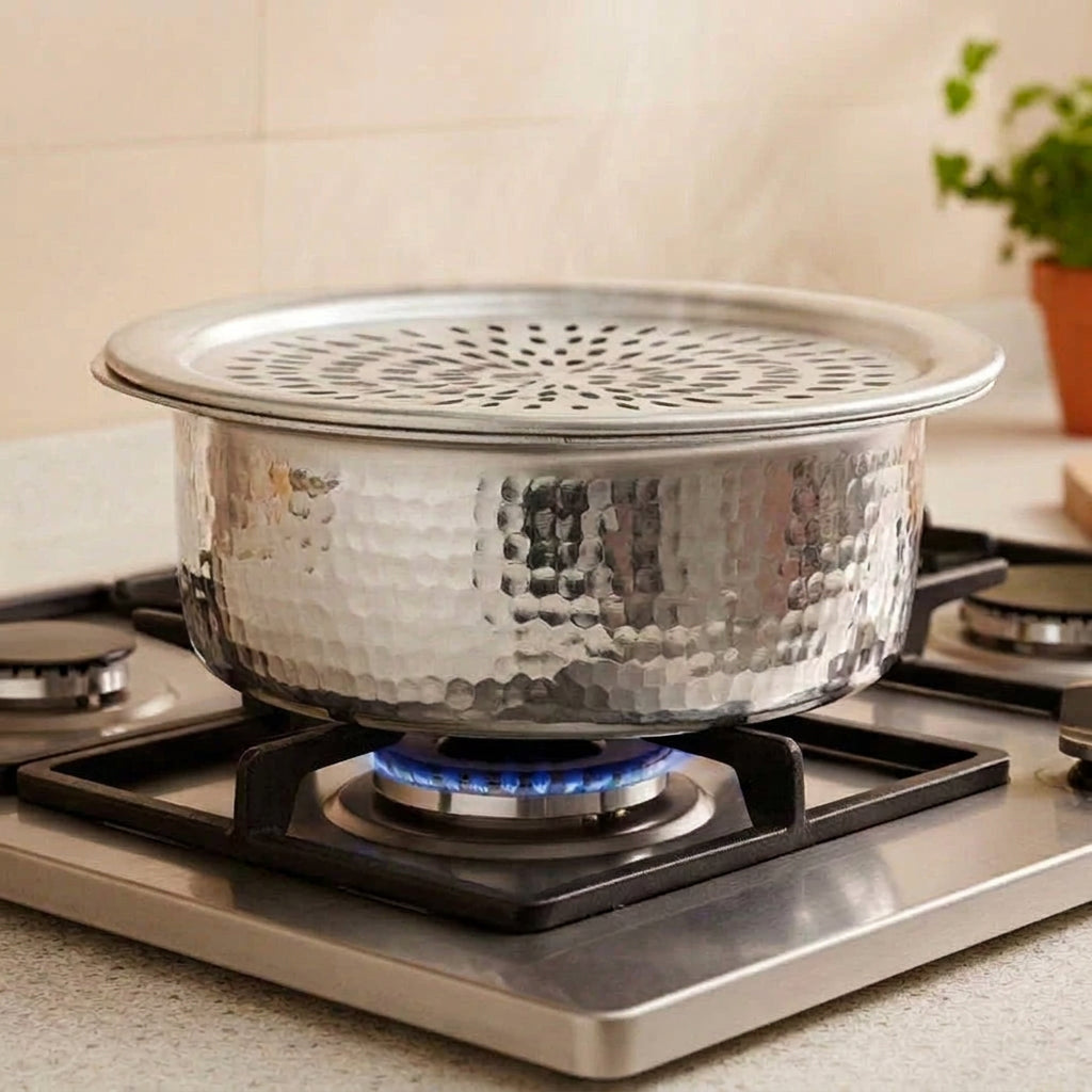 Hammered design silver aluminium lagan with lid