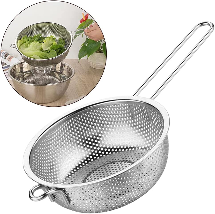 Stainless steel perforated colander and mesh strainer set.