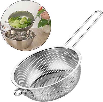 Stainless steel perforated colander and mesh strainer set.