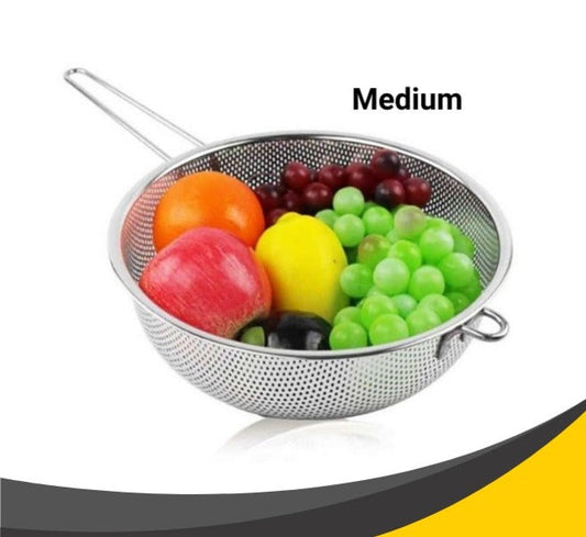 Stainless steel perforated colander and mesh strainer set.