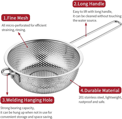 Stainless steel perforated colander and mesh strainer set.