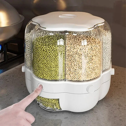 "Rotating 6 grid grain dispenser storage container with push button"