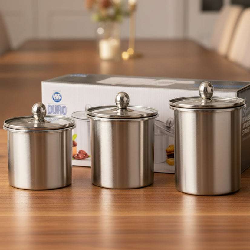 Stainless steel airtight storage jars set of 3 with clear lids