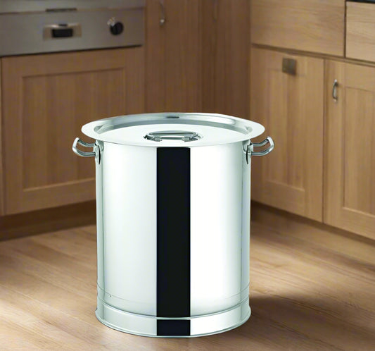 Stainless steel atta drum with lid and side handles for flour storage