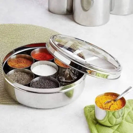 Stainless steel masala box with clear see-through lid and spice bowls