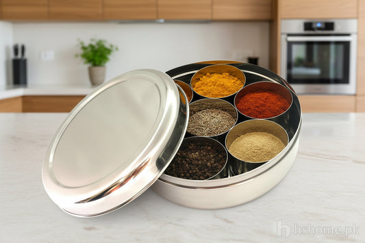 Stainless steel masala box with lid and small spice bowls