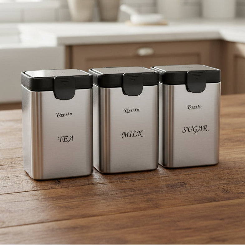 Stainless steel storage jars set of 3 labelled tea, milk and sugar